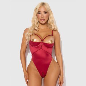 House of Desire Satin BDSM Inspired Shibari Rope Crotchless Teddy, Crimson Red